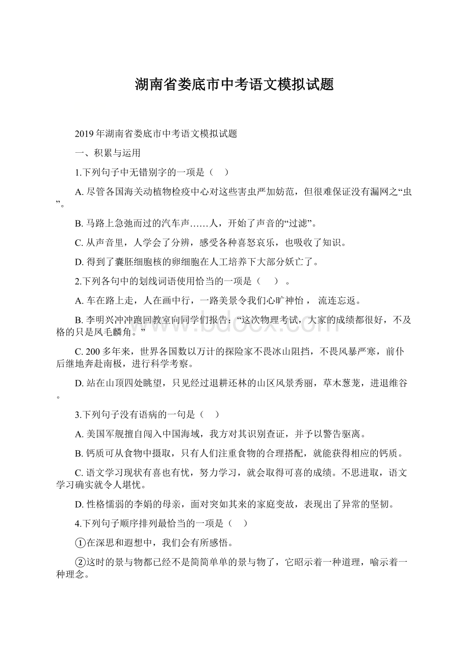 湖南省娄底市中考语文模拟试题.docx_第1页