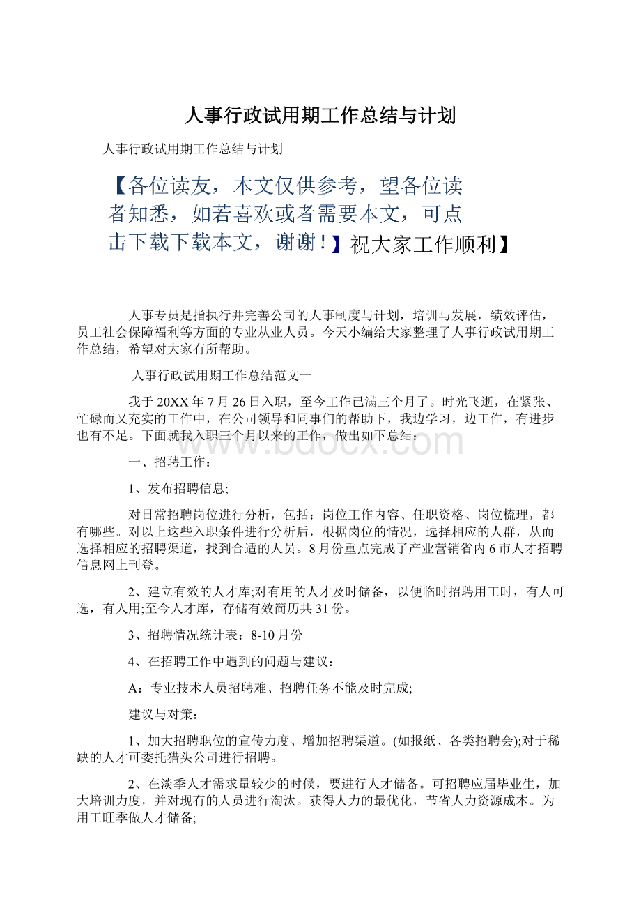 人事行政试用期工作总结与计划.docx_第1页