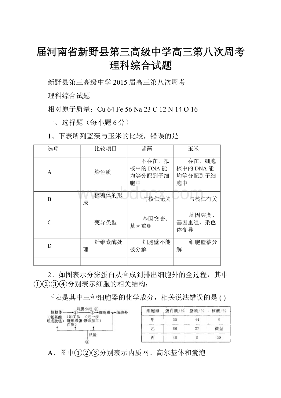 届河南省新野县第三高级中学高三第八次周考理科综合试题Word格式文档下载.docx_第1页