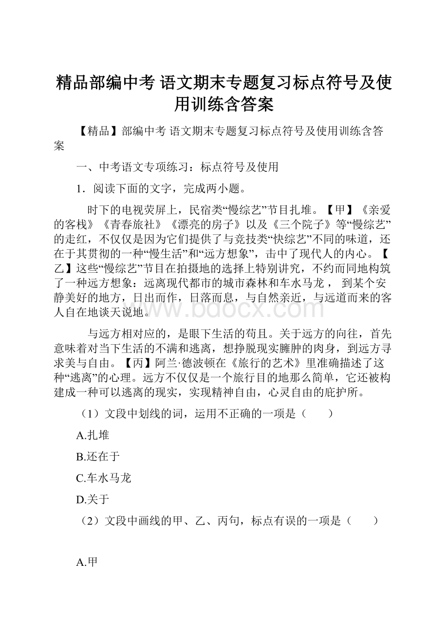 精品部编中考 语文期末专题复习标点符号及使用训练含答案Word格式.docx