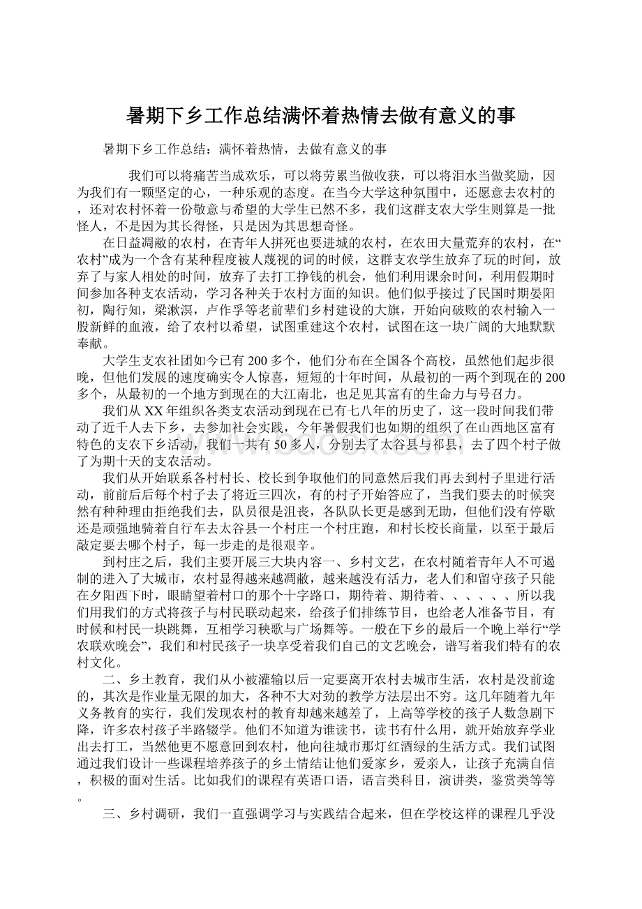 暑期下乡工作总结满怀着热情去做有意义的事.docx_第1页