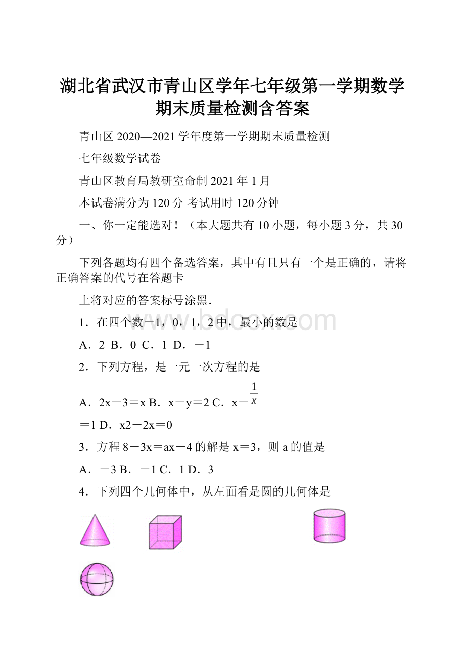 湖北省武汉市青山区学年七年级第一学期数学期末质量检测含答案.docx_第1页