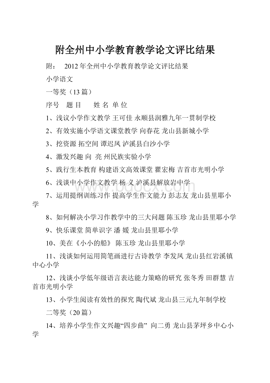 附全州中小学教育教学论文评比结果Word文档下载推荐.docx