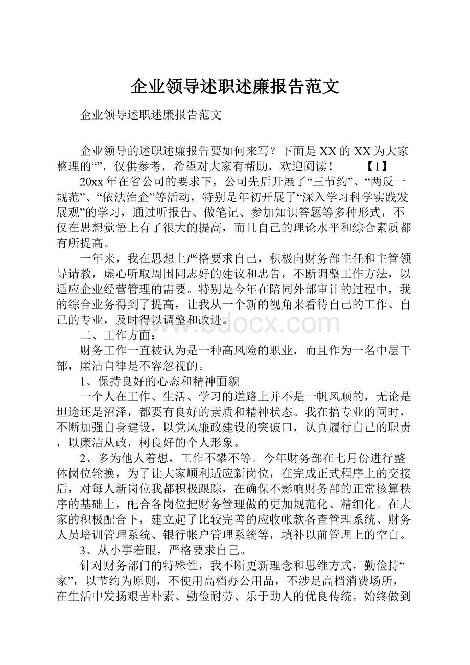 企业领导述职述廉报告范文Word文档下载推荐.docx