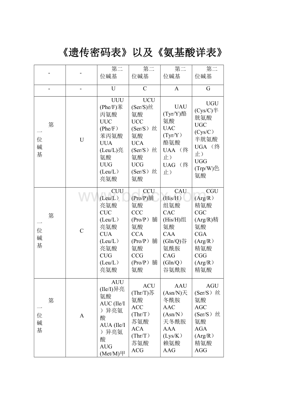 《遗传密码表》以及《氨基酸详表》Word文件下载.docx