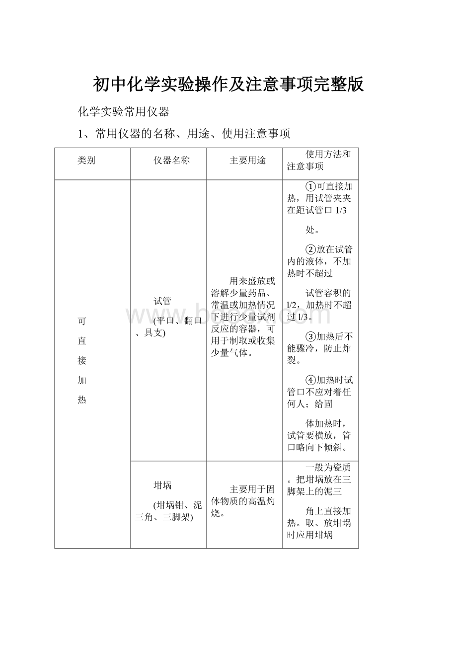 初中化学实验操作及注意事项完整版.docx