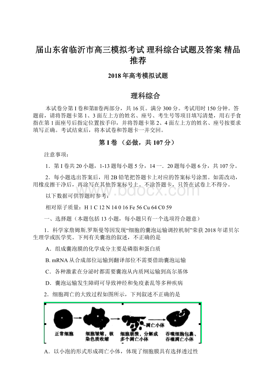 届山东省临沂市高三模拟考试 理科综合试题及答案精品推荐Word格式文档下载.docx_第1页