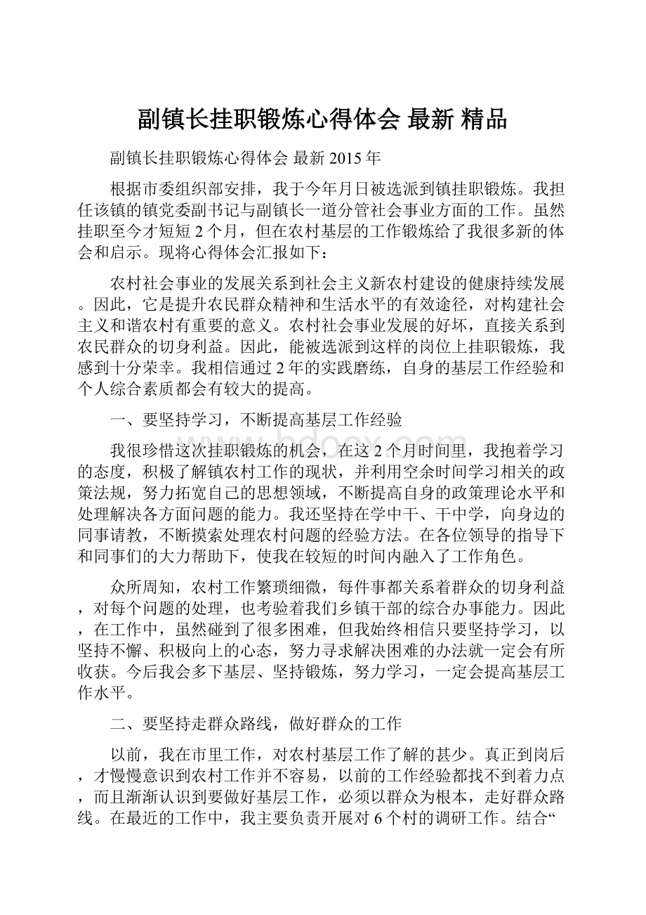 副镇长挂职锻炼心得体会 最新 精品Word文档格式.docx