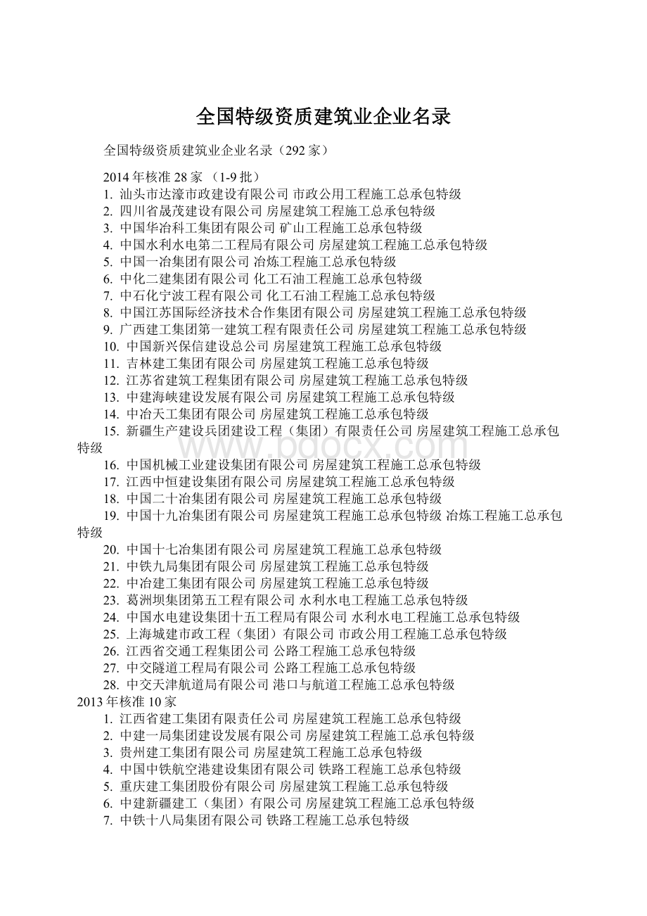 全国特级资质建筑业企业名录Word格式文档下载.docx