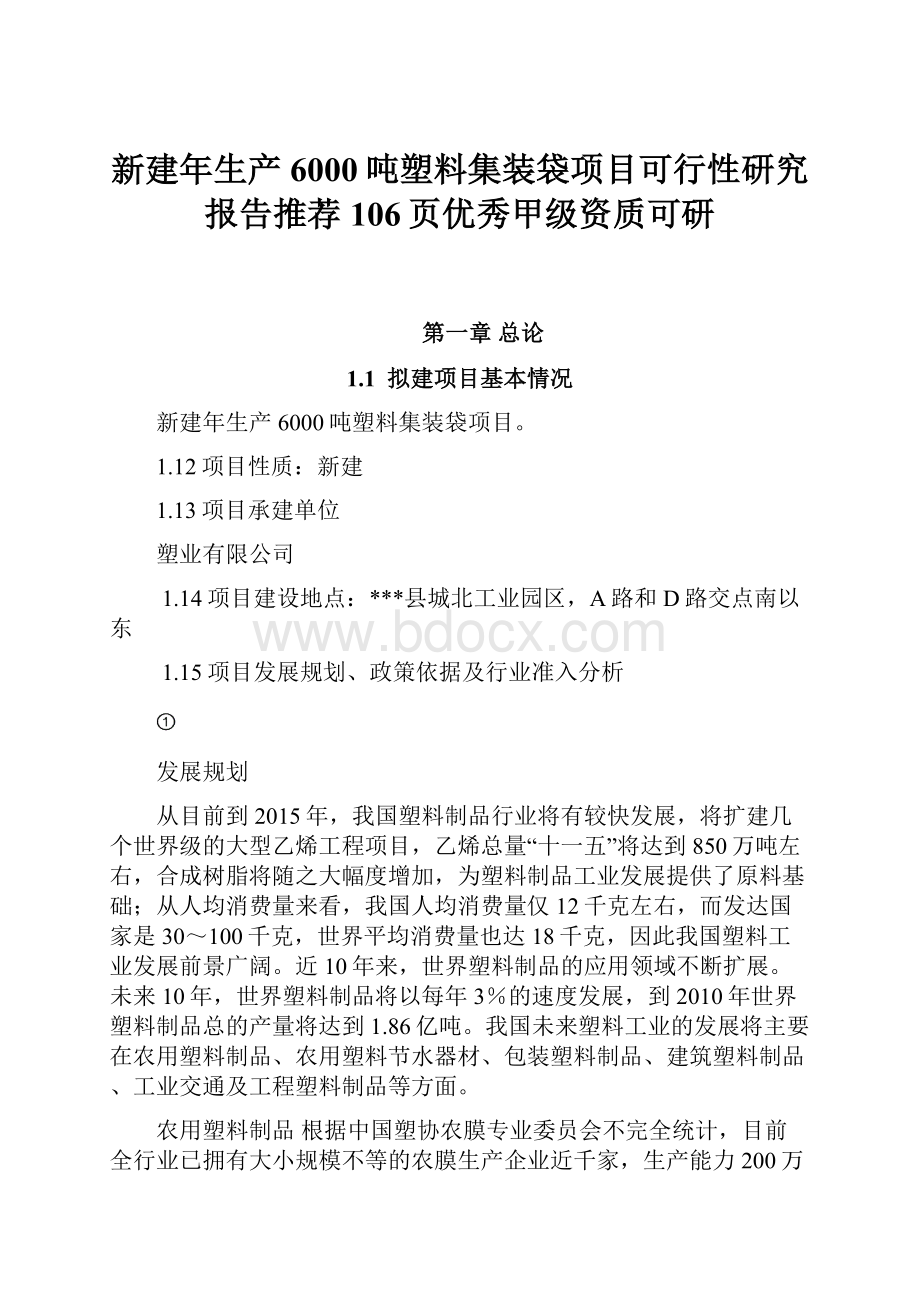 新建年生产6000吨塑料集装袋项目可行性研究报告推荐106页优秀甲级资质可研.docx