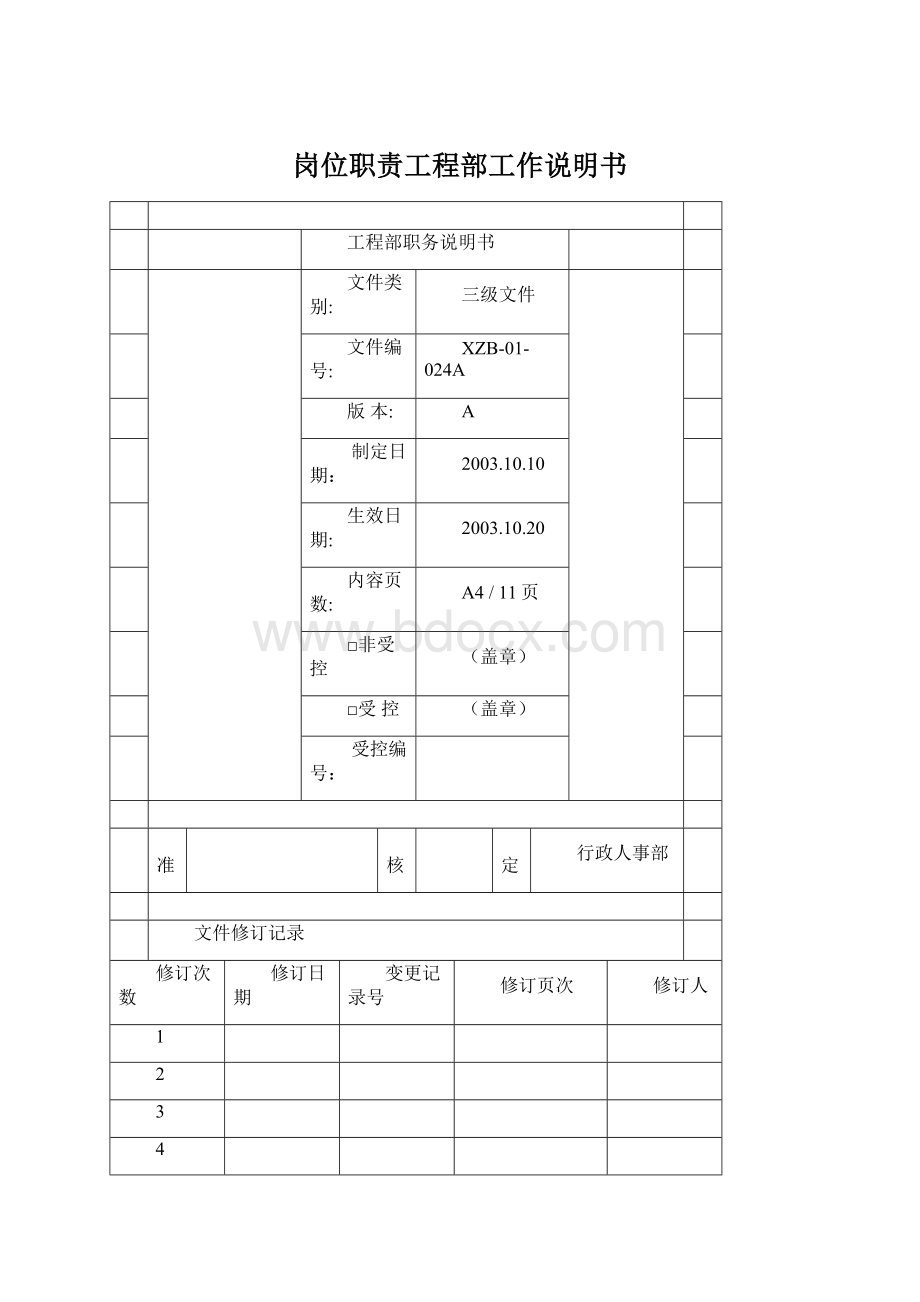 岗位职责工程部工作说明书Word文件下载.docx