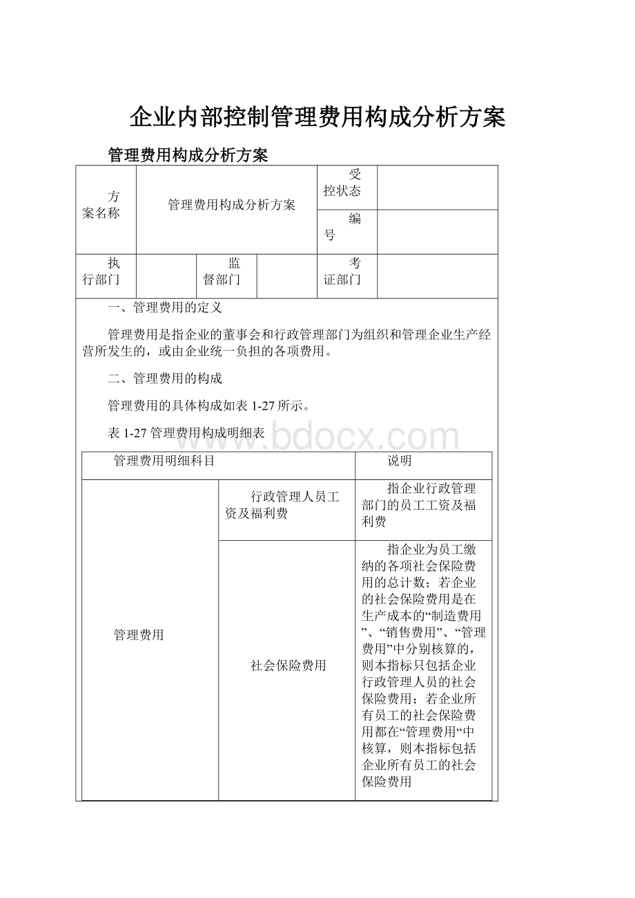 企业内部控制管理费用构成分析方案Word文档格式.docx_第1页