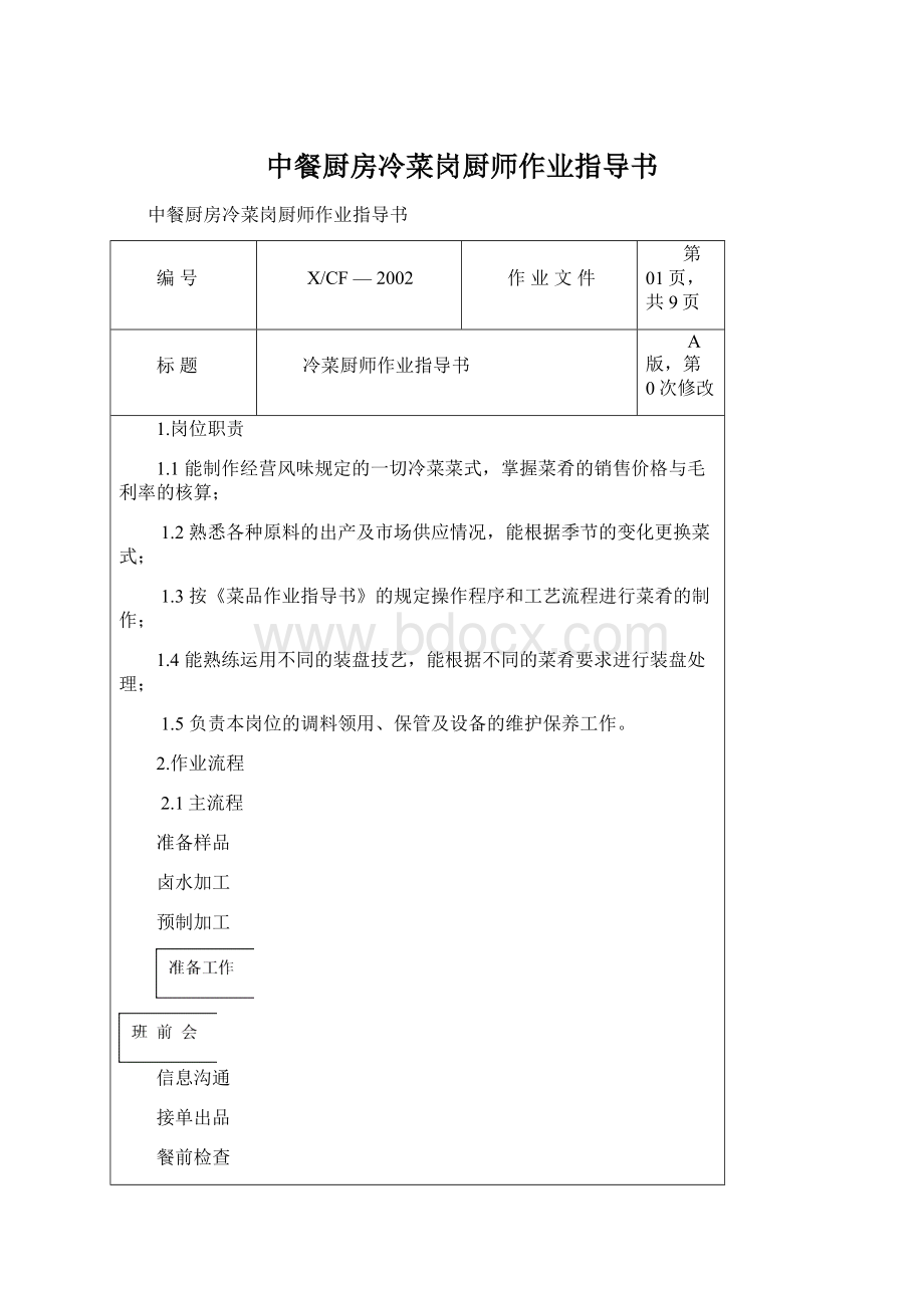 中餐厨房冷菜岗厨师作业指导书文档格式.docx