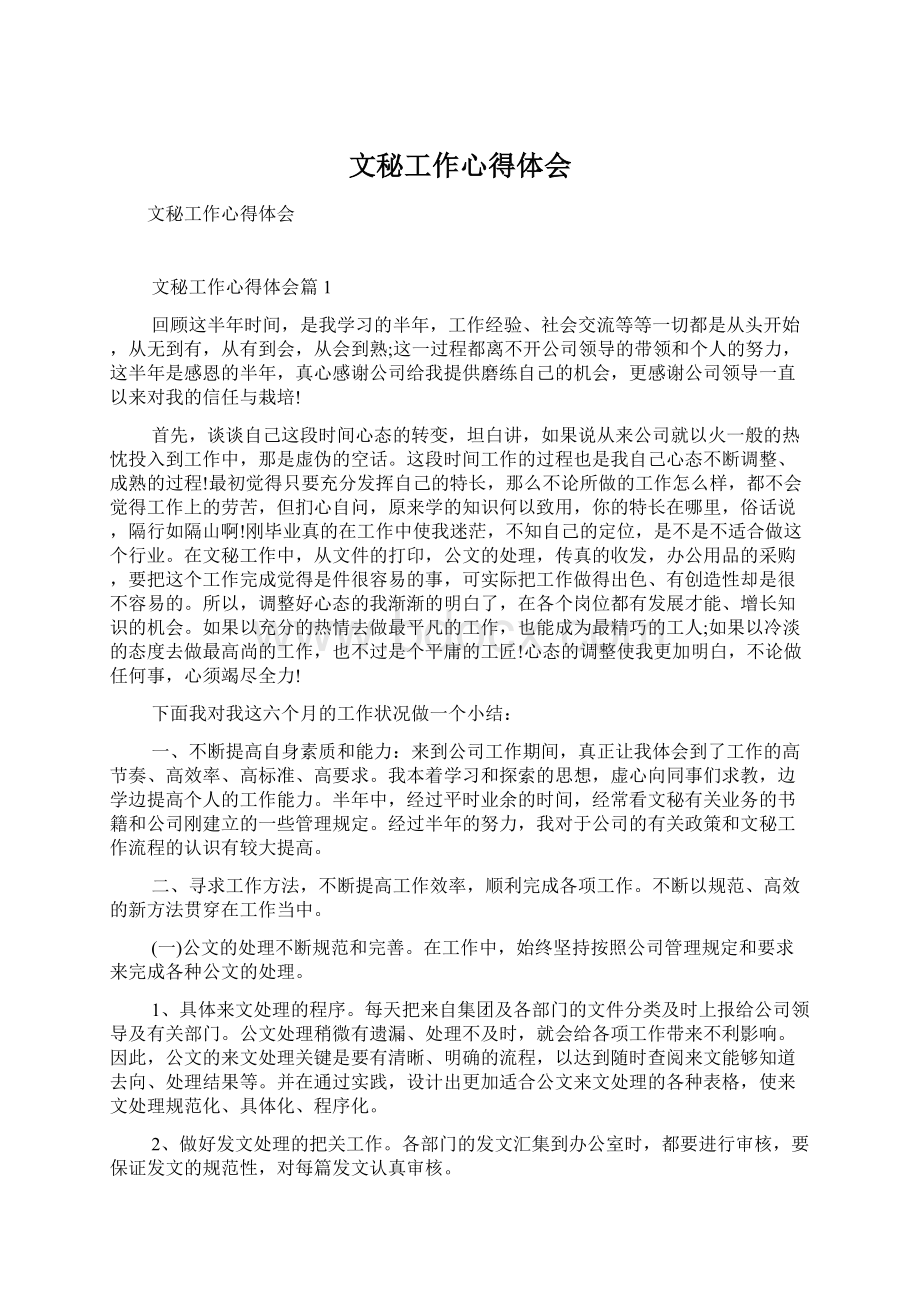 文秘工作心得体会文档格式.docx