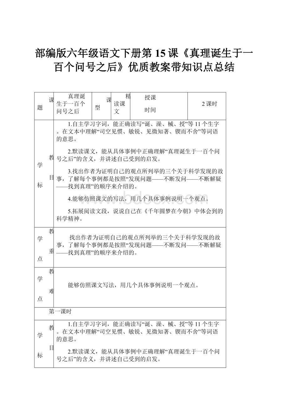 部编版六年级语文下册第15课《真理诞生于一百个问号之后》优质教案带知识点总结Word文档下载推荐.docx