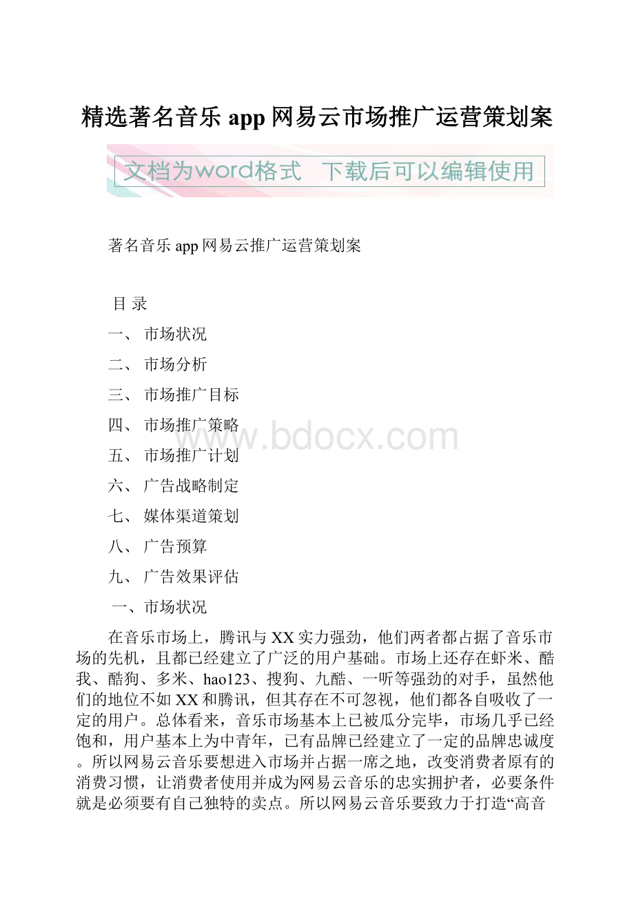 精选著名音乐app网易云市场推广运营策划案文档格式.docx_第1页