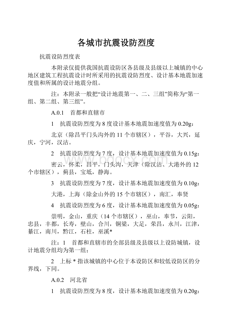 各城市抗震设防烈度Word格式文档下载.docx