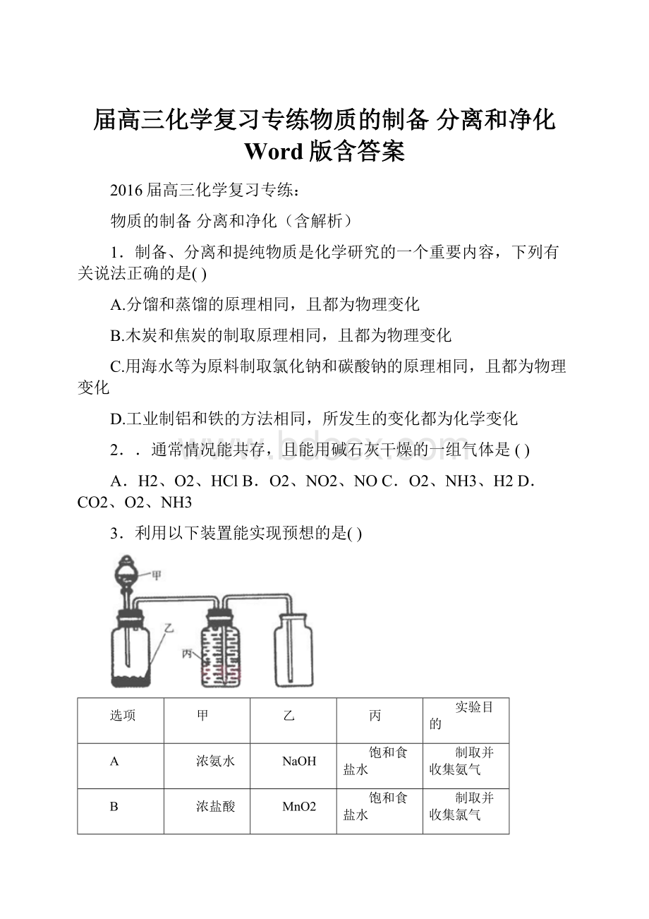 届高三化学复习专练物质的制备 分离和净化 Word版含答案Word文档下载推荐.docx