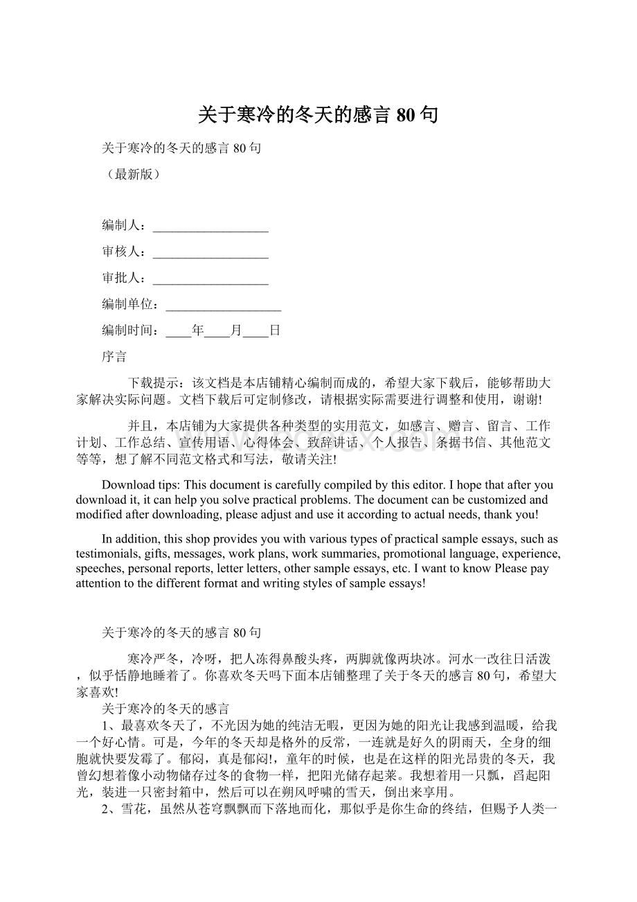 关于寒冷的冬天的感言80句.docx