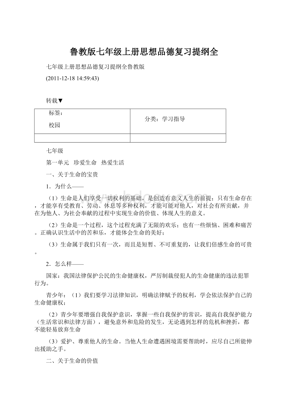 鲁教版七年级上册思想品德复习提纲全.docx