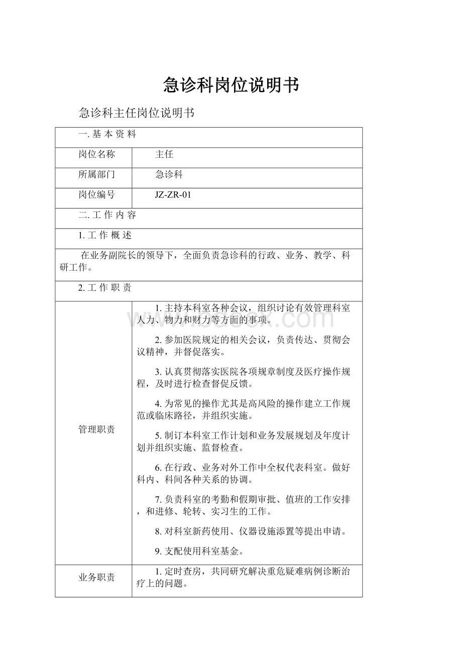 急诊科岗位说明书Word文档格式.docx