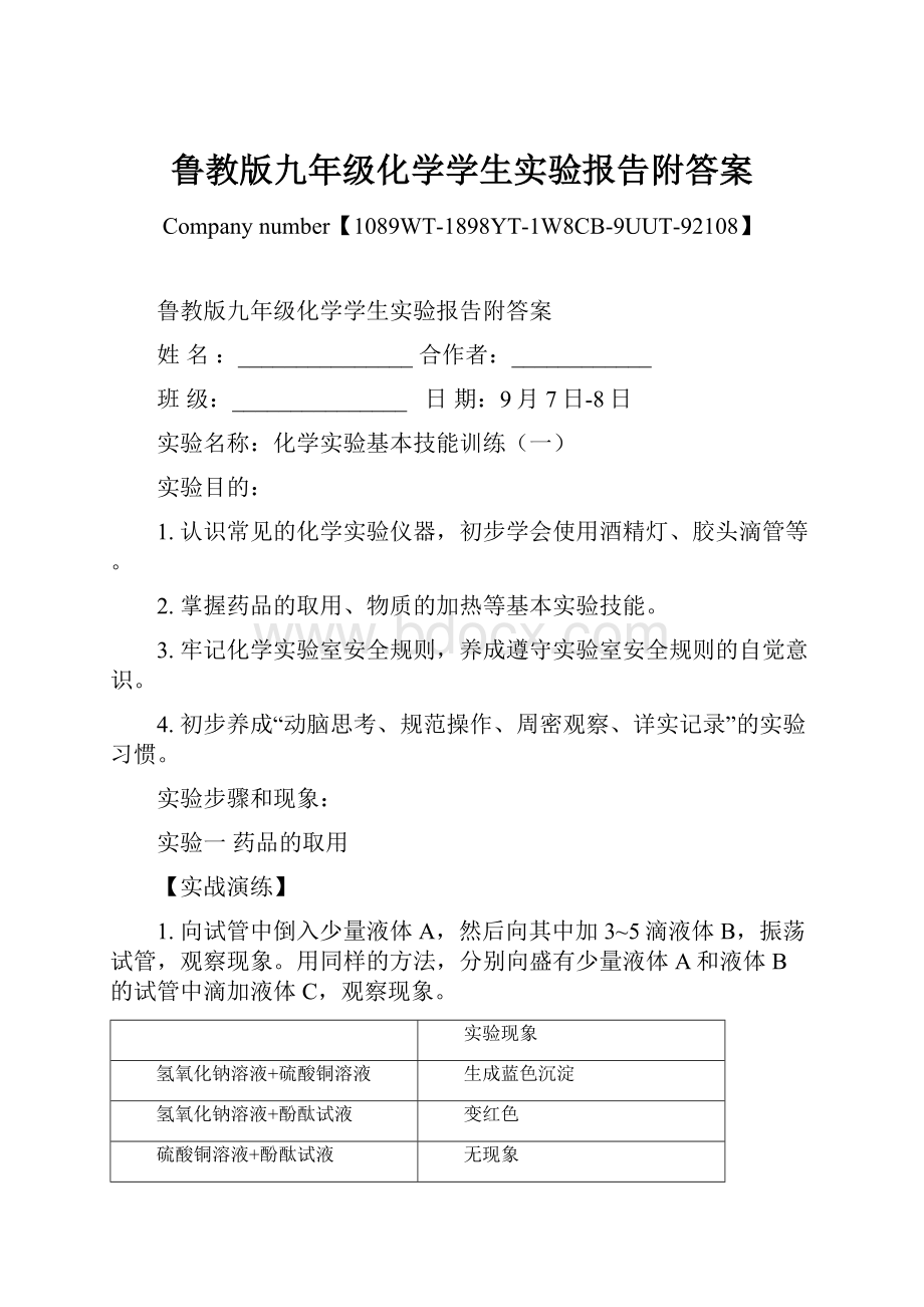 鲁教版九年级化学学生实验报告附答案Word格式文档下载.docx