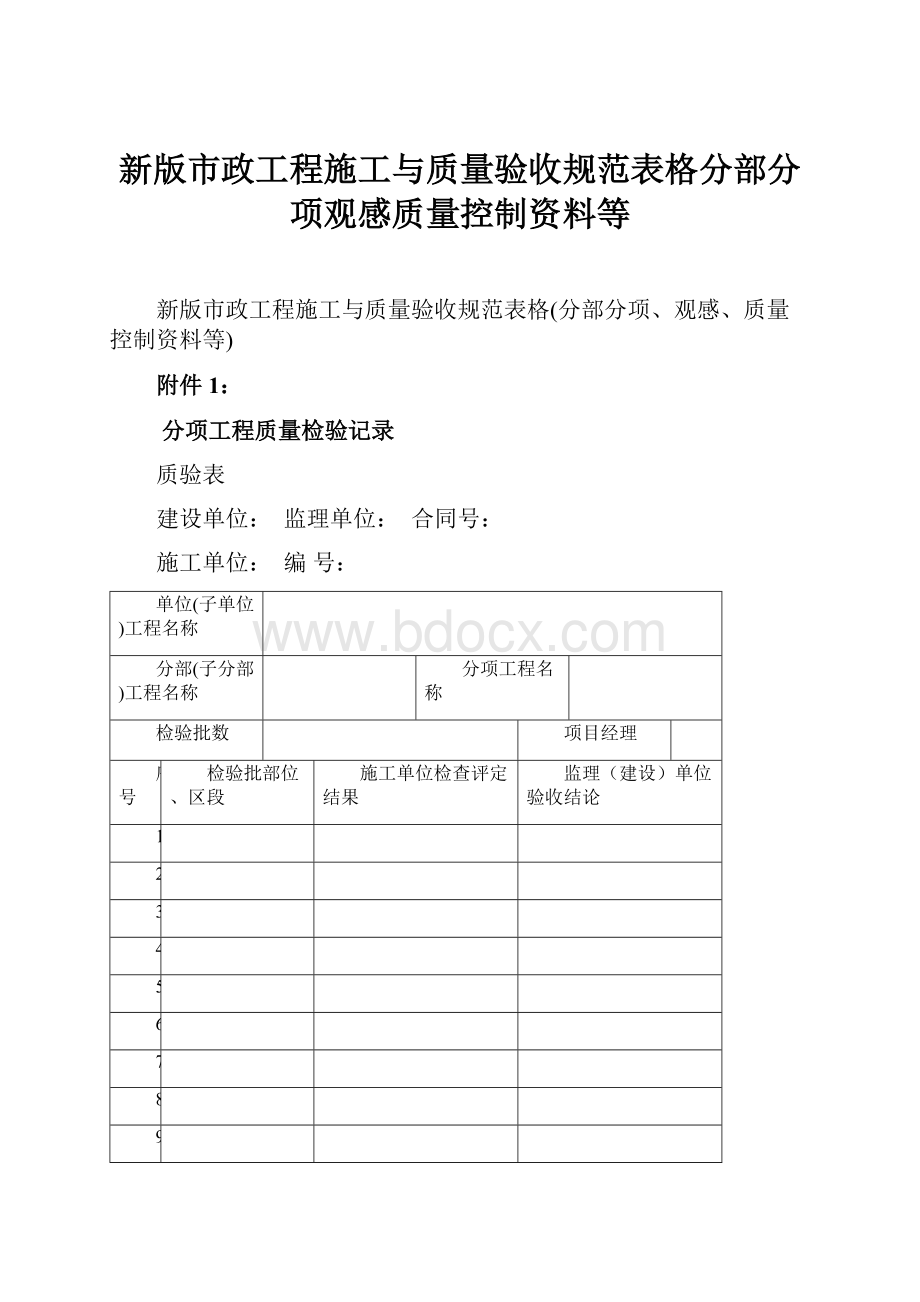 新版市政工程施工与质量验收规范表格分部分项观感质量控制资料等Word格式文档下载.docx_第1页