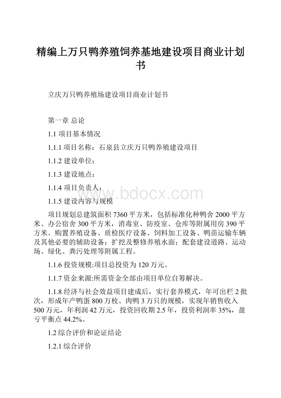 精编上万只鸭养殖饲养基地建设项目商业计划书.docx