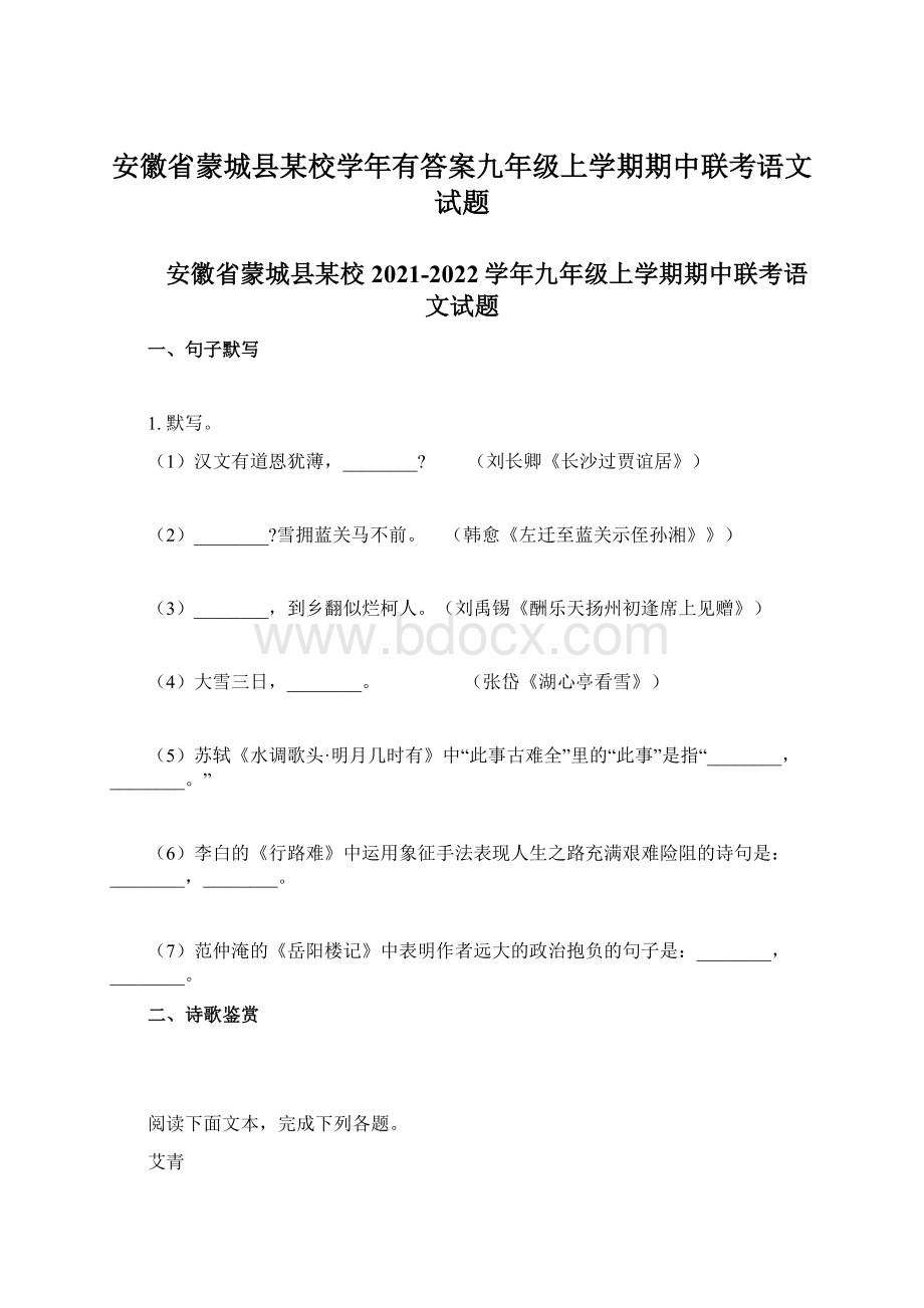 安徽省蒙城县某校学年有答案九年级上学期期中联考语文试题Word格式.docx