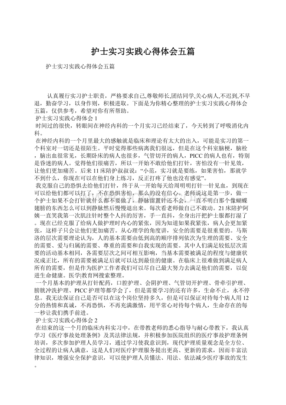 护士实习实践心得体会五篇文档格式.docx