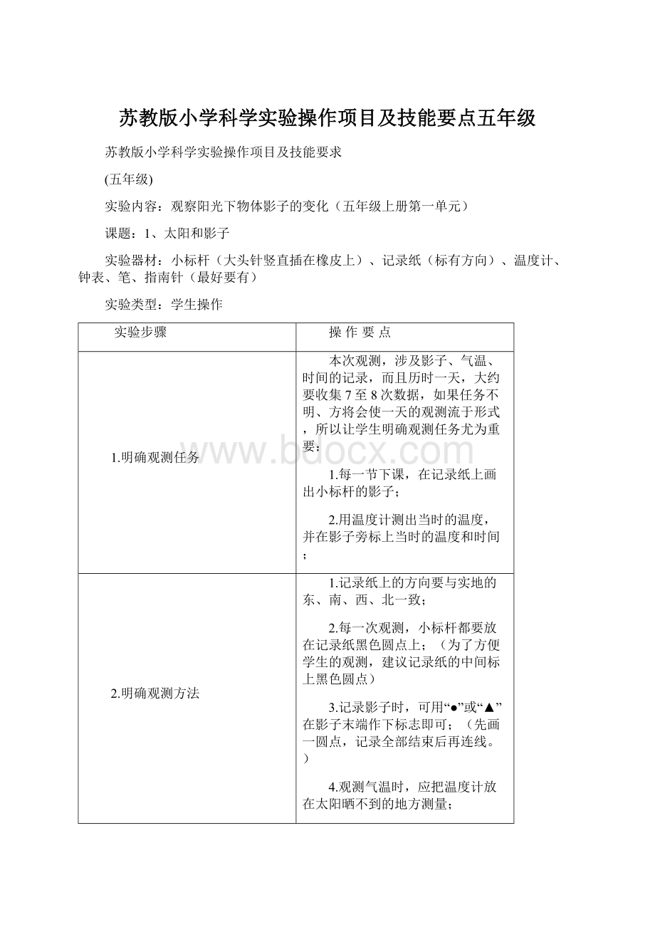 苏教版小学科学实验操作项目及技能要点五年级Word文件下载.docx