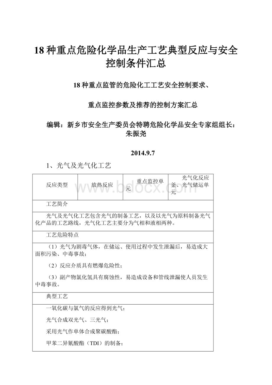 18种重点危险化学品生产工艺典型反应与安全控制条件汇总.docx