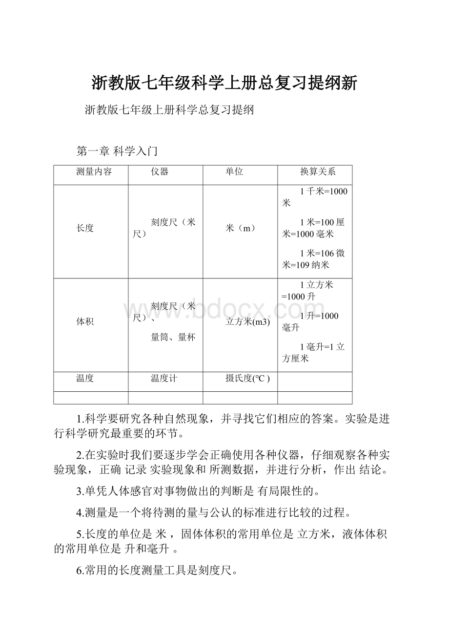 浙教版七年级科学上册总复习提纲新.docx