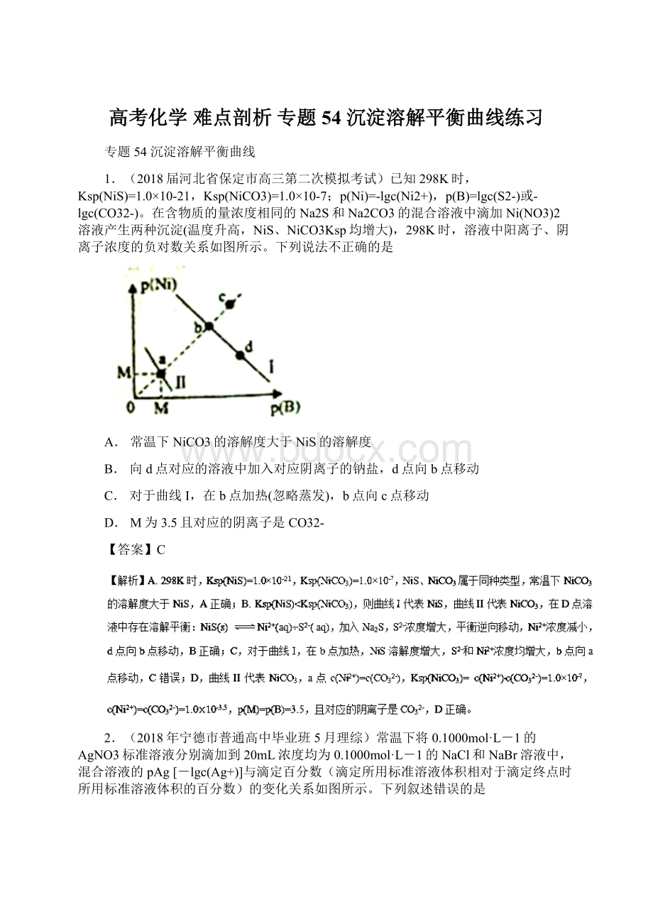 高考化学 难点剖析 专题54 沉淀溶解平衡曲线练习Word下载.docx