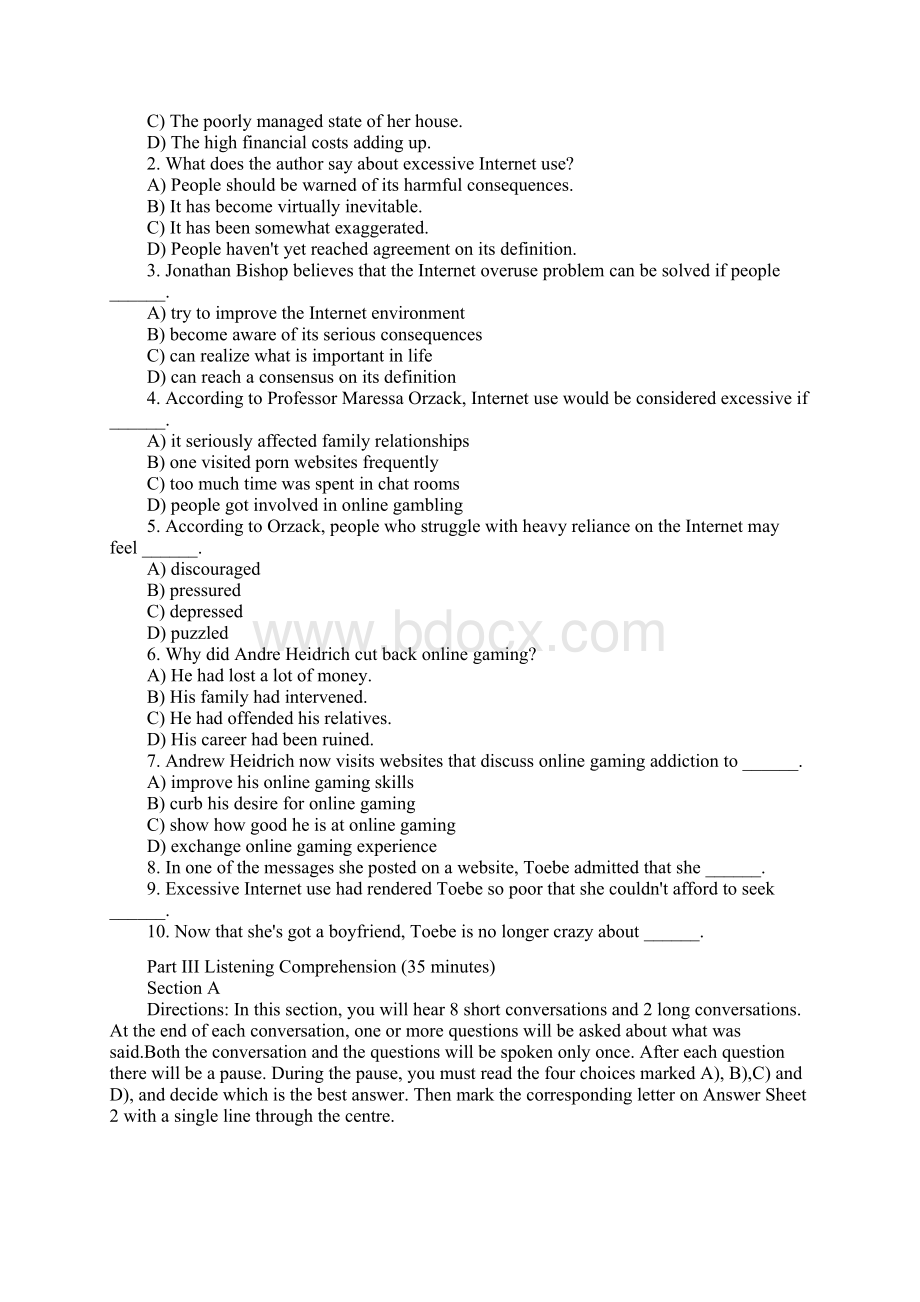 英语四级快速阅读听力完形填空真题及答案.docx_第3页