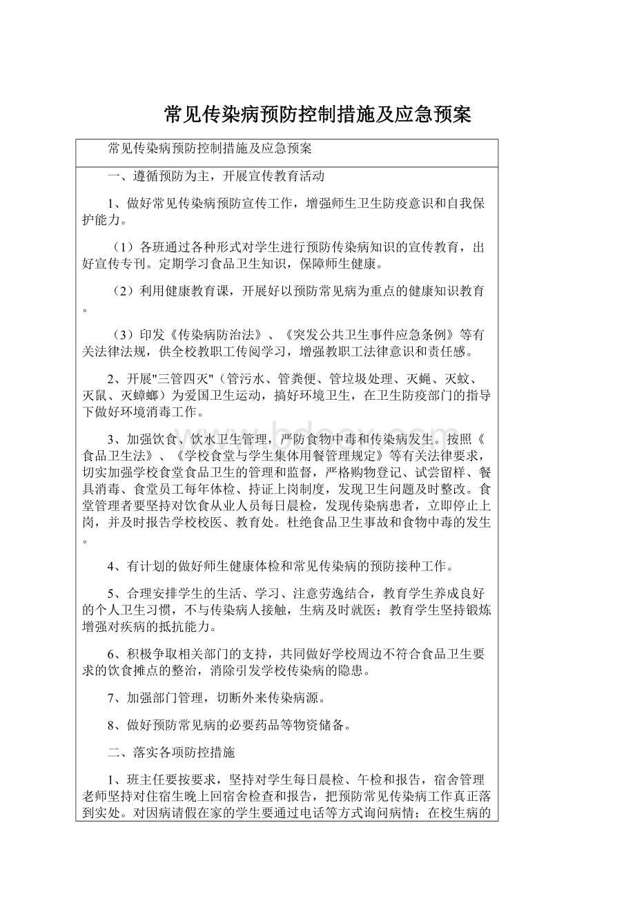 常见传染病预防控制措施及应急预案.docx_第1页