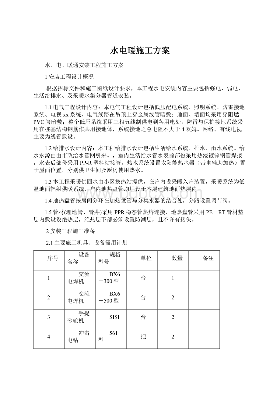 水电暖施工方案Word格式.docx