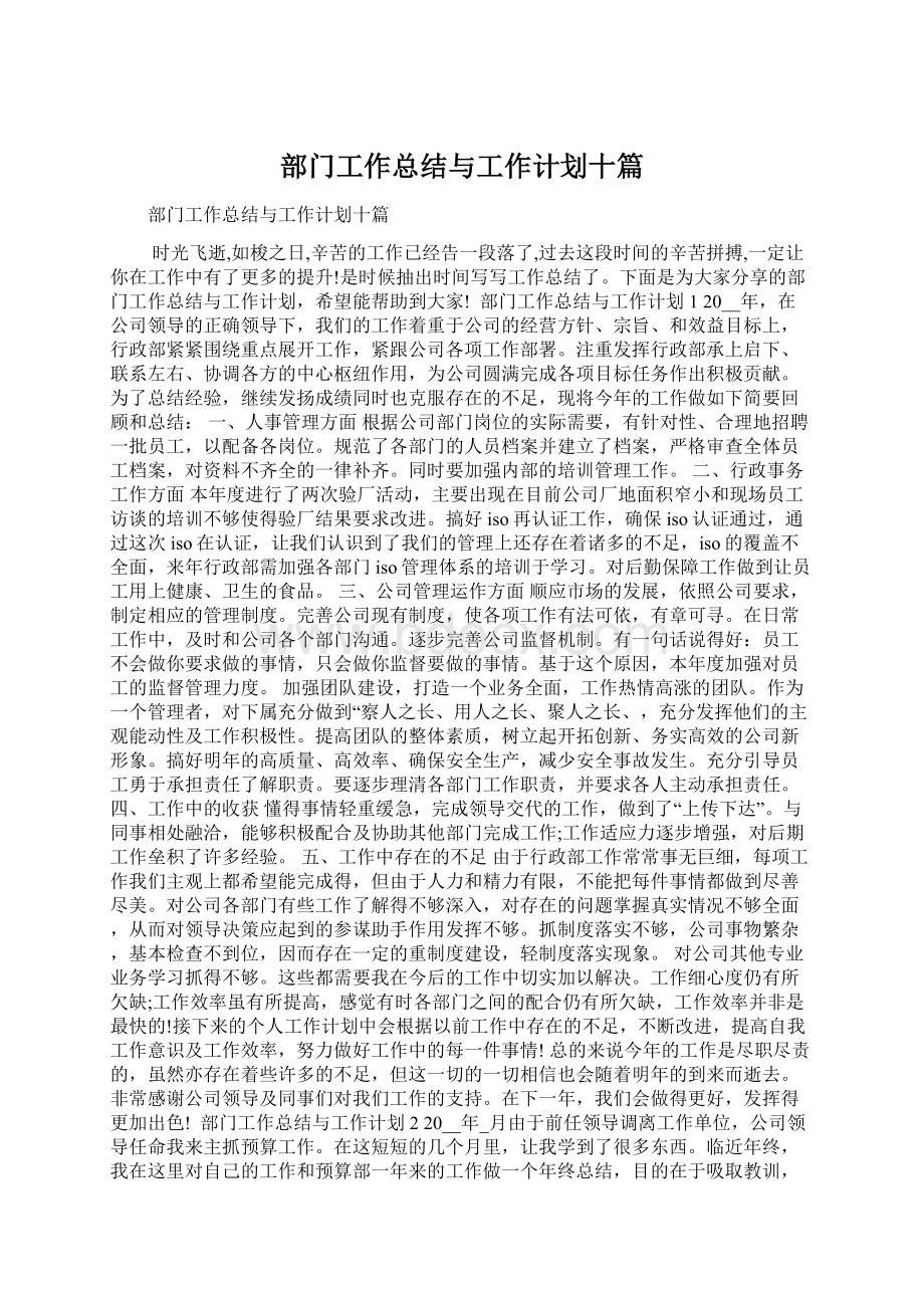 部门工作总结与工作计划十篇文档格式.docx