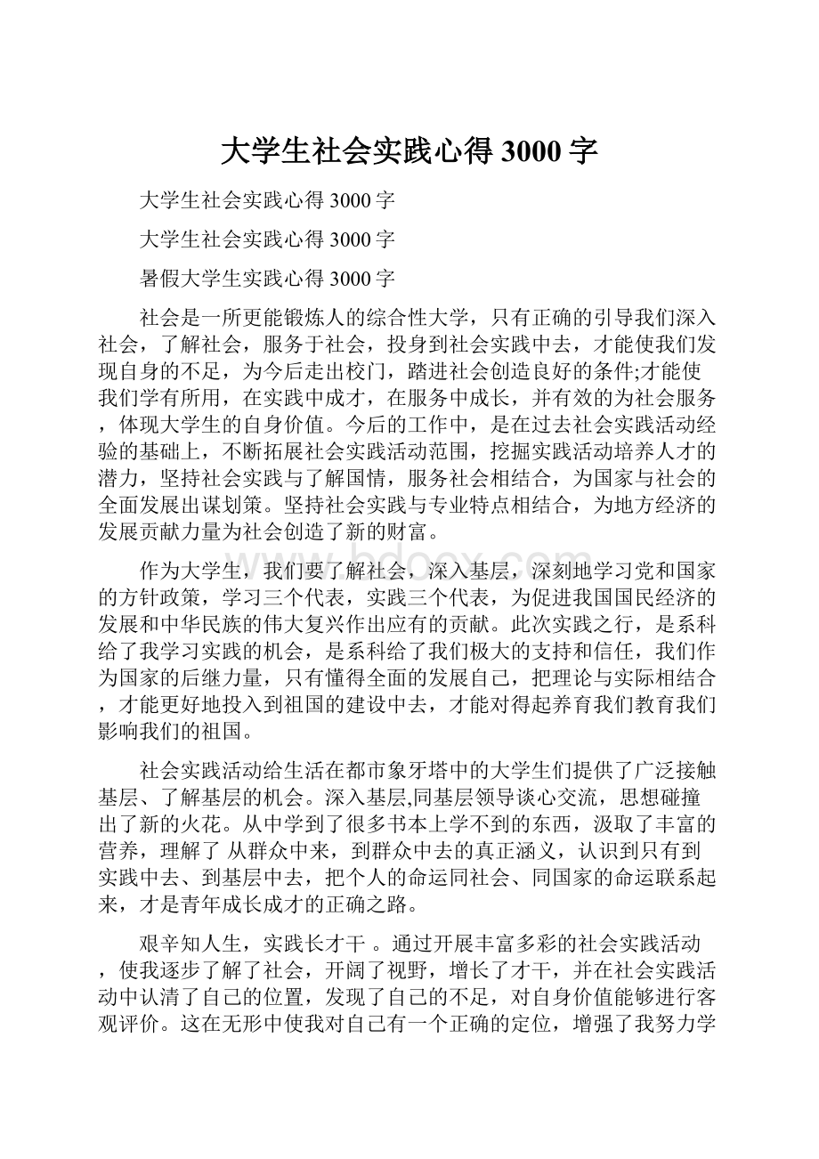 大学生社会实践心得3000字Word下载.docx