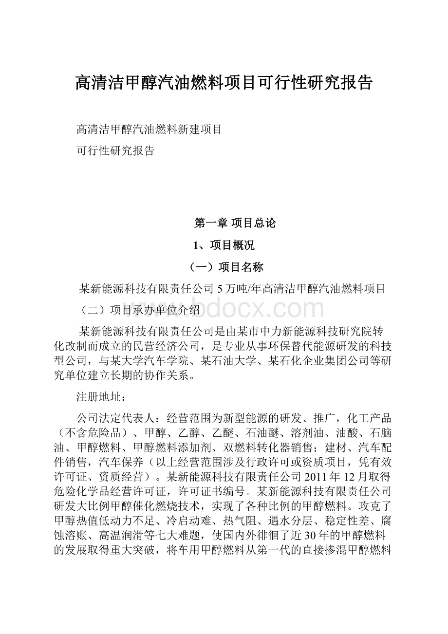 高清洁甲醇汽油燃料项目可行性研究报告Word格式文档下载.docx