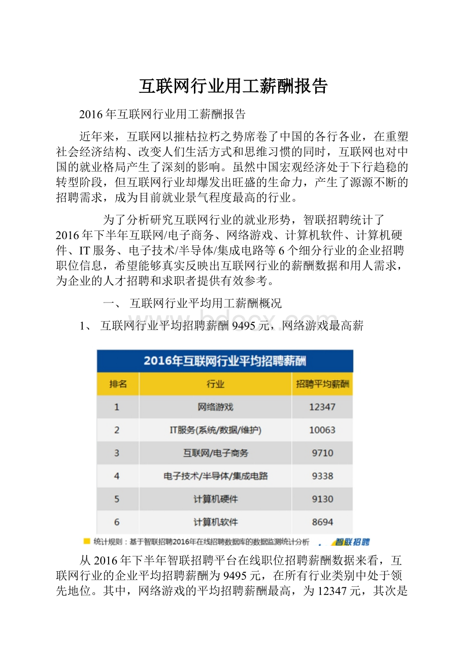 互联网行业用工薪酬报告Word下载.docx