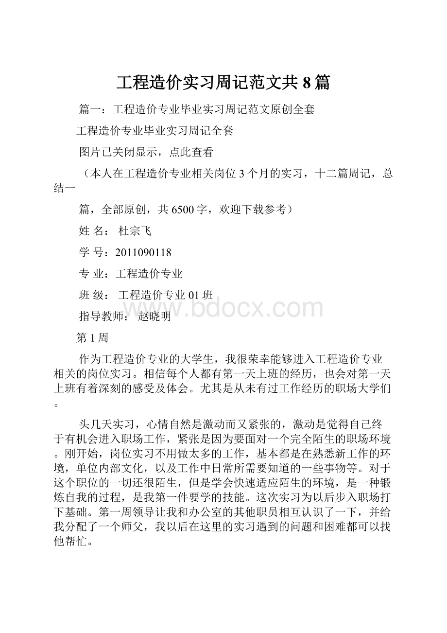 工程造价实习周记范文共8篇.docx