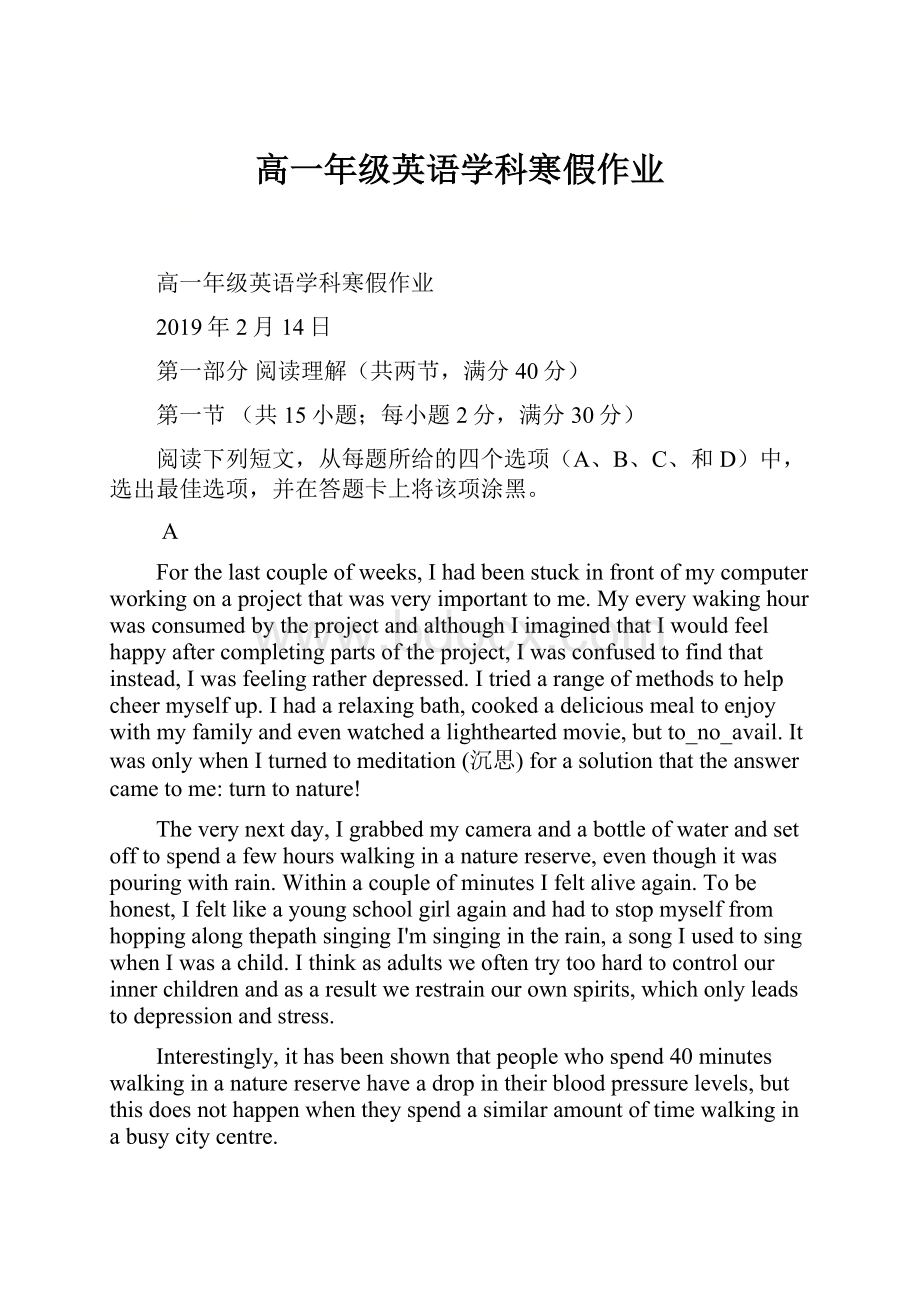 高一年级英语学科寒假作业.docx