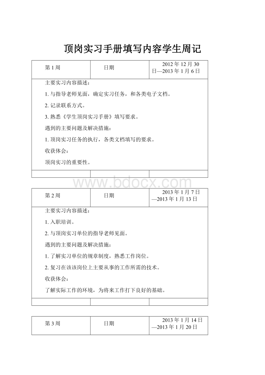 顶岗实习手册填写内容学生周记.docx