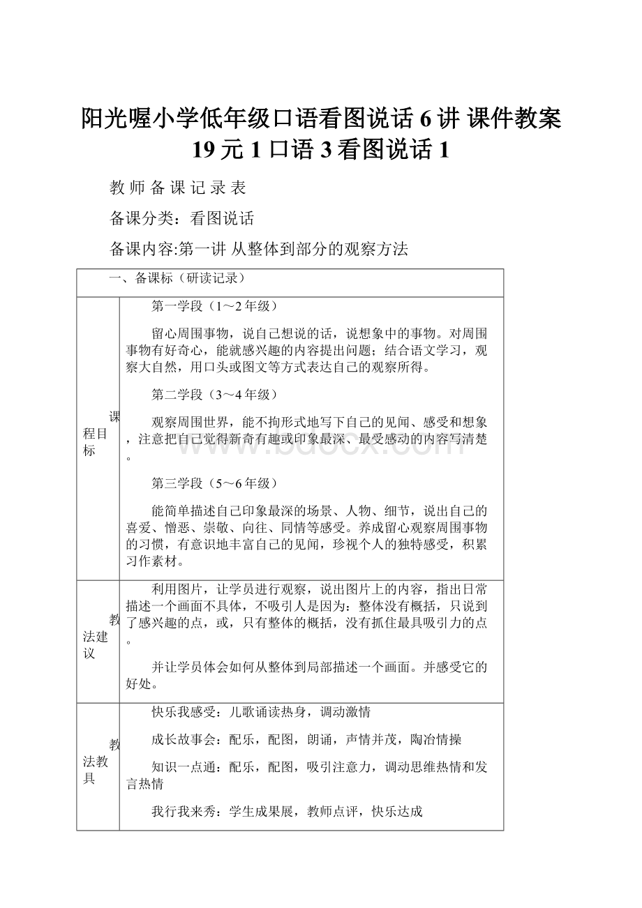 阳光喔小学低年级口语看图说话6讲 课件教案 19元1口语3看图说话1.docx_第1页