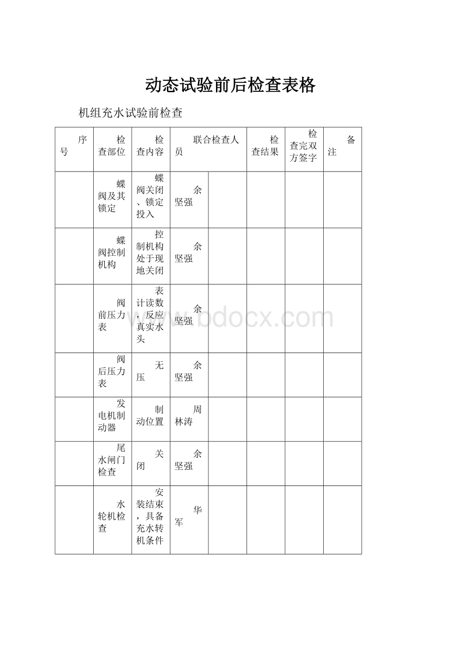 动态试验前后检查表格.docx