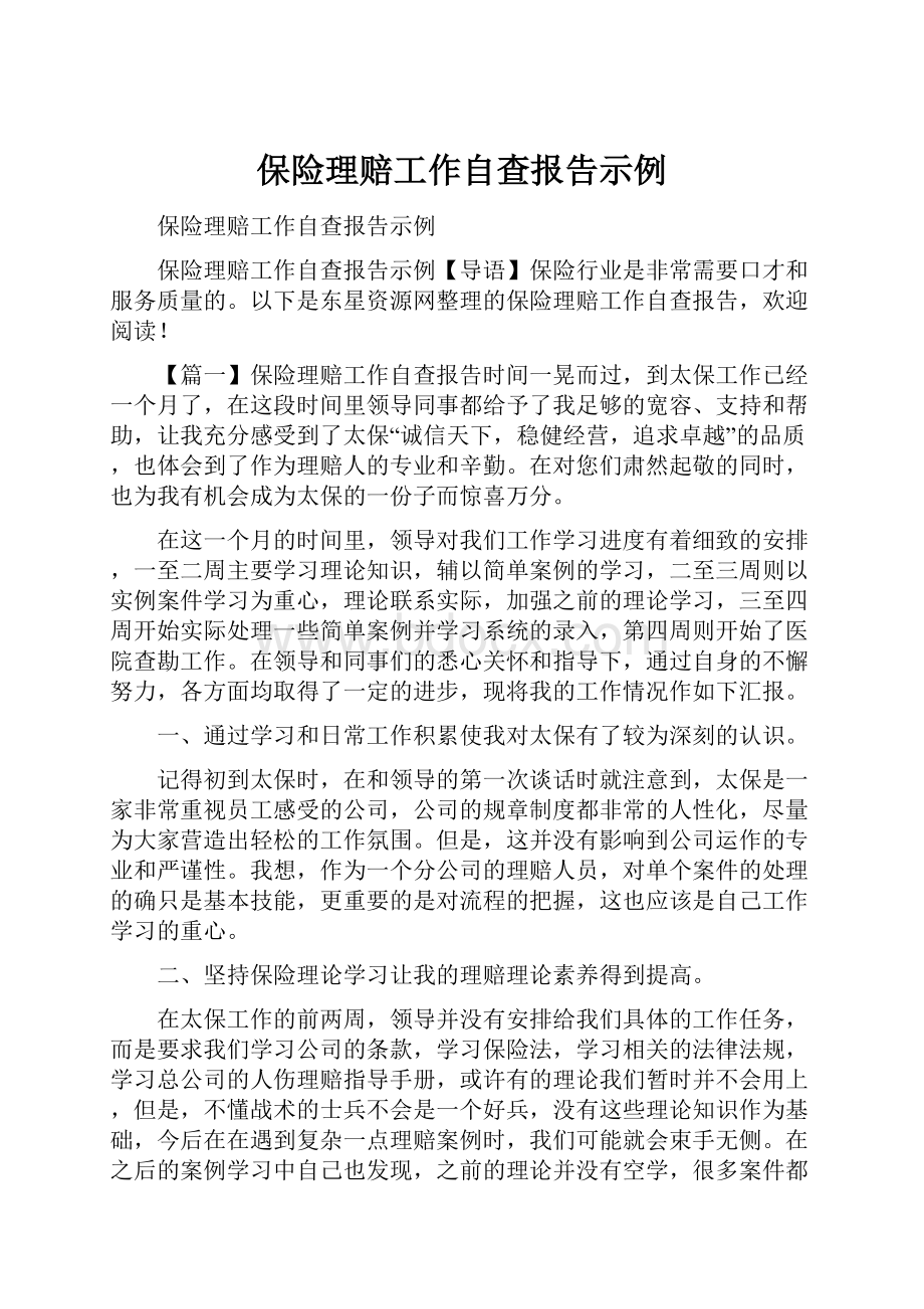 保险理赔工作自查报告示例.docx_第1页