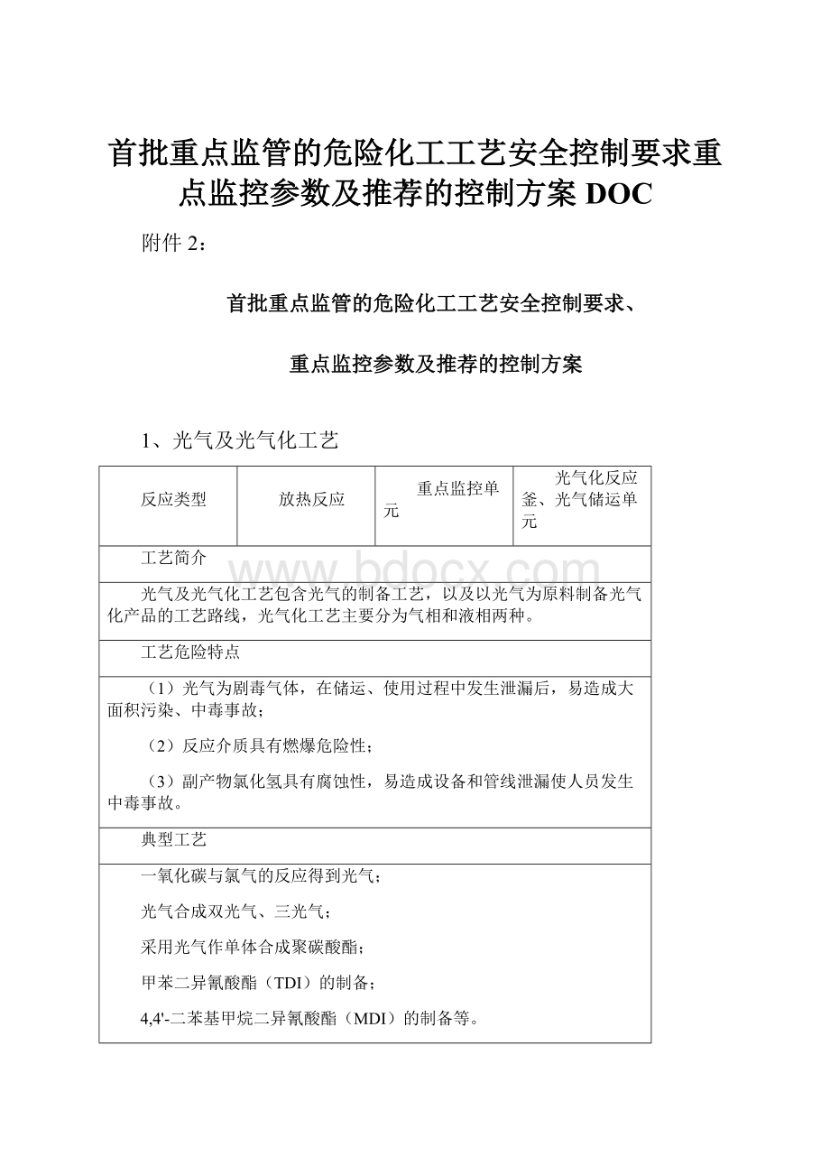 首批重点监管的危险化工工艺安全控制要求重点监控参数及推荐的控制方案DOC.docx_第1页