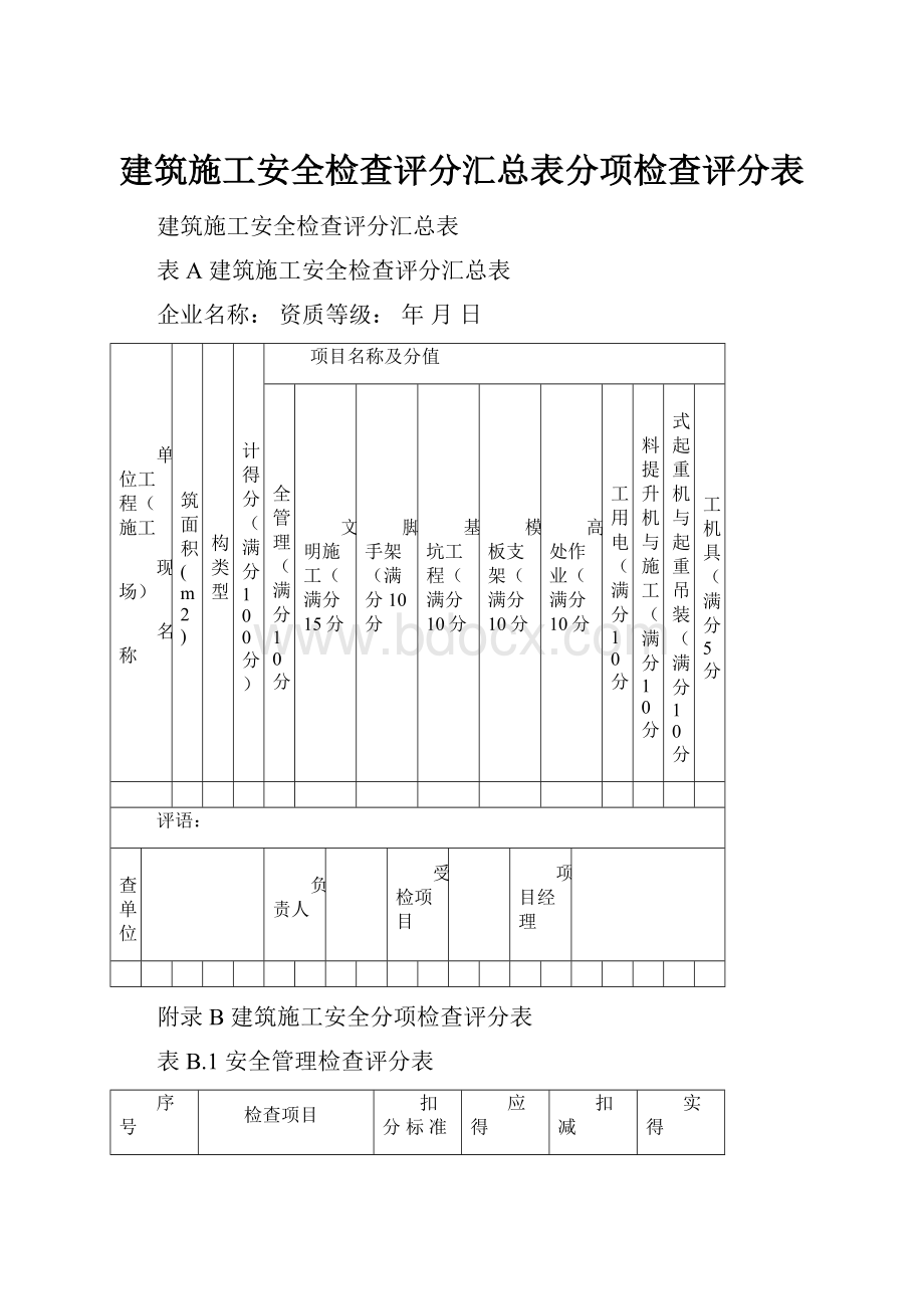 建筑施工安全检查评分汇总表分项检查评分表.docx