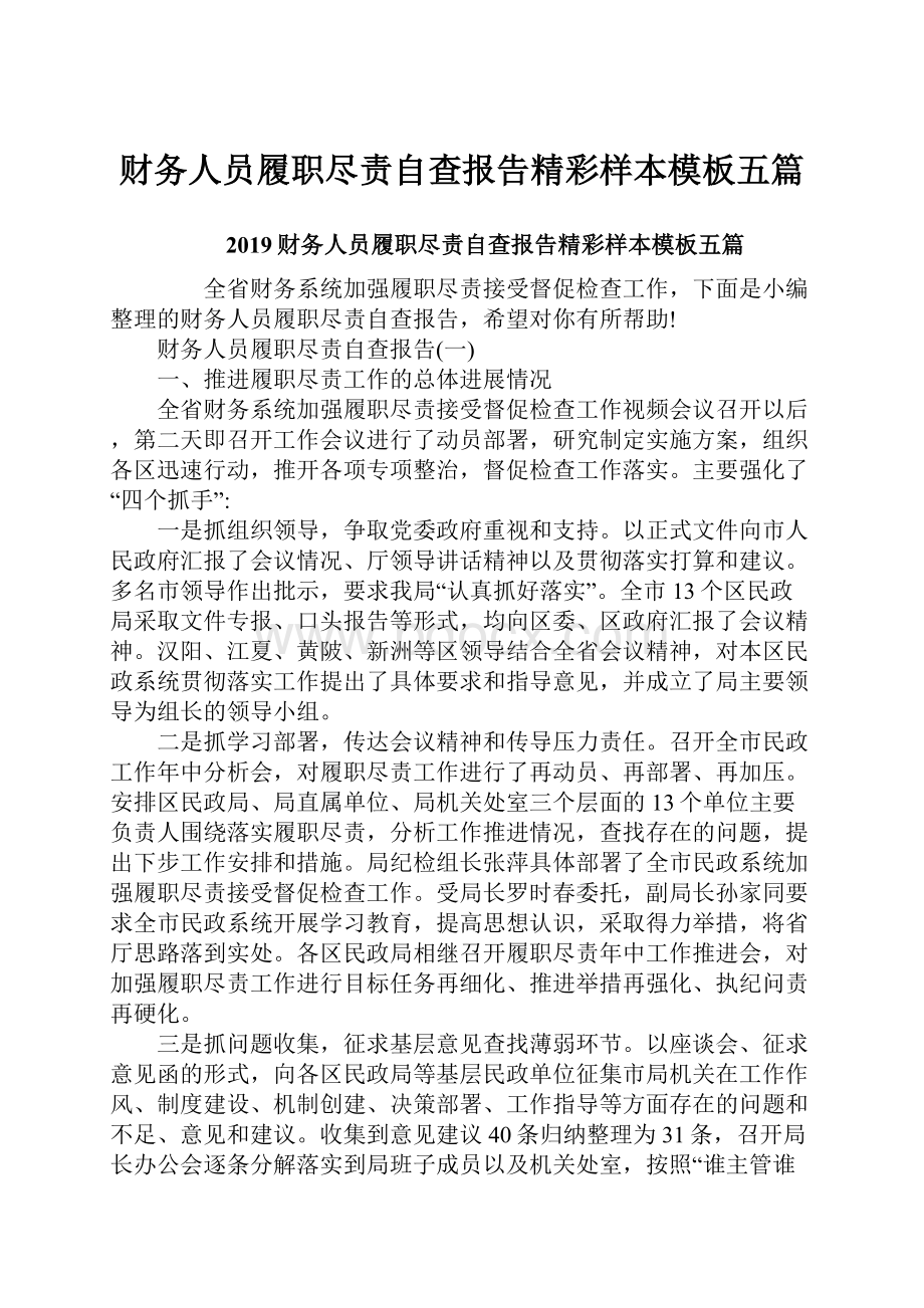 财务人员履职尽责自查报告精彩样本模板五篇.docx